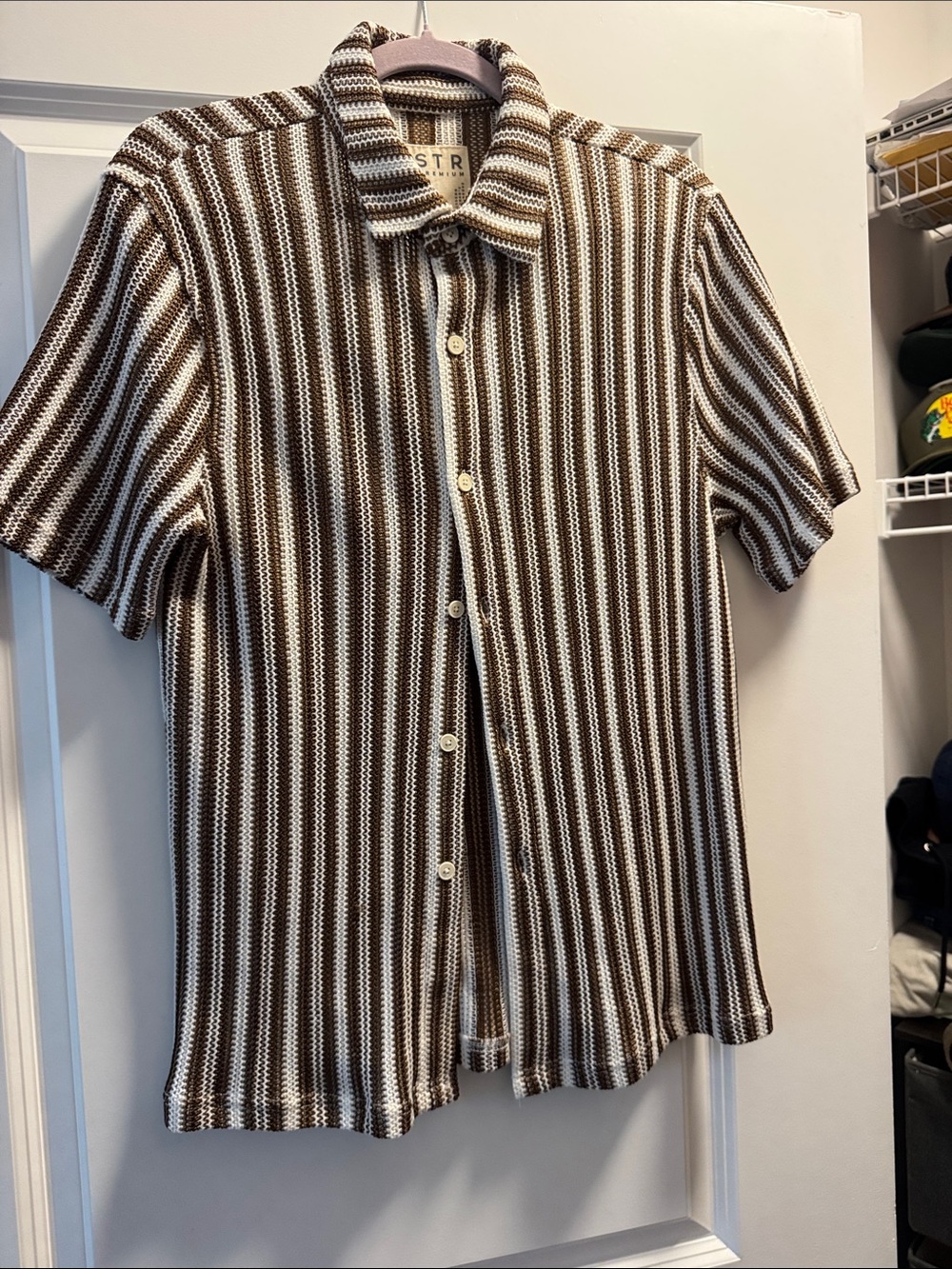 Men’s Short-Sleeve Button-Down Shirt - Brown & White Stripes Great Condition